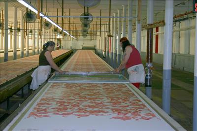 Hand Silk Screen Printed Fabric, Process Using 50 Yard Tables